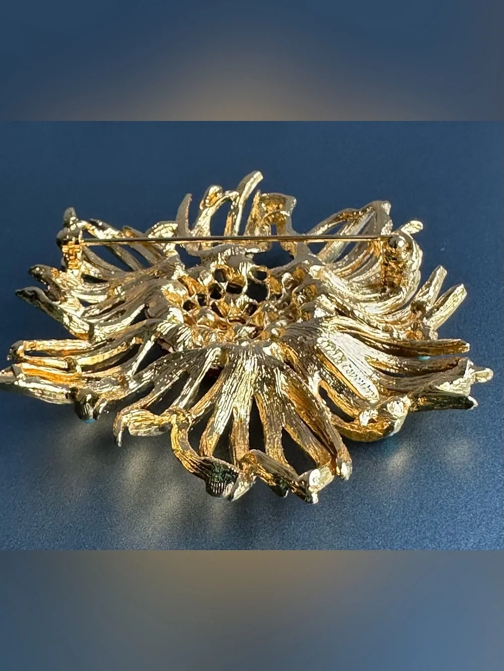 Early 1950s Sarah Coventry Script Signed Flower Brooch Gold Tone Topaz Turquoise